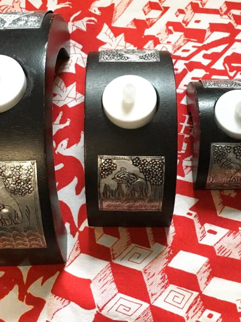 Vintage 90s Elephant Metal Wood Candle Holders 3 Piece Set